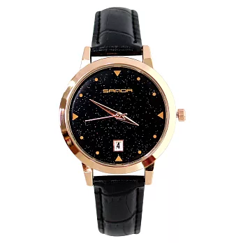 SANDA 9194 夜空星光典雅玫框壓紋皮帶錶- 黑色