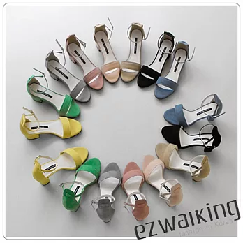 ezwalking{韓國女鞋}質感一字麂皮繫踝7cm高跟涼鞋-8色杏、黃、淺粉、粉、綠