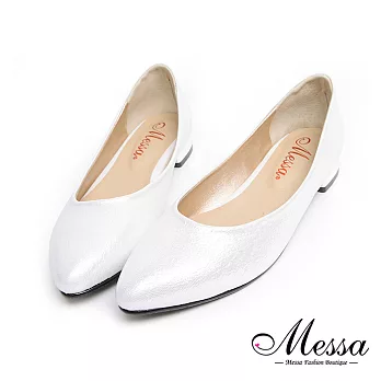 Messa米莎專櫃女鞋】MIT個性顯瘦內真皮尖頭金屬飾低跟包鞋 -白色EU36白色