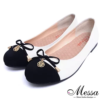 【Messa米莎專櫃女鞋】MIT浪漫玫瑰蝴蝶結異材質內真皮低跟娃娃鞋-米色EU36米色