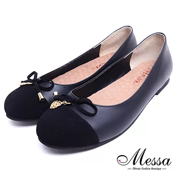 【Messa米莎專櫃女鞋】MIT浪漫玫瑰蝴蝶結異材質內真皮低跟娃娃鞋-黑色EU36黑色