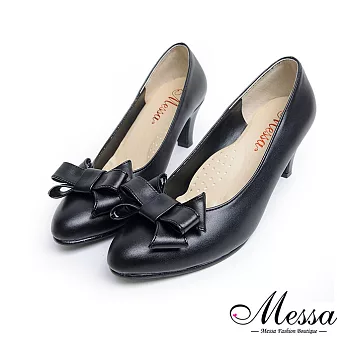 【Messa米莎專櫃女鞋】MIT甜美三層蝴蝶結素色內真皮尖頭高跟鞋-黑色EU35黑色