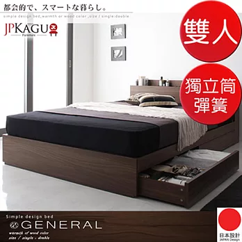 JP Kagu 台灣尺寸附床頭櫃/插座抽屜收納木紋床組-獨立筒床墊雙人5尺