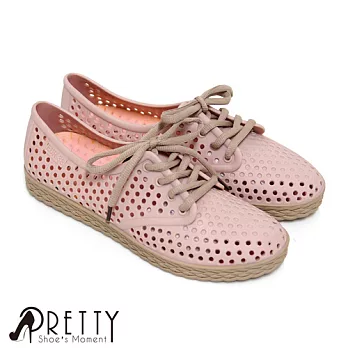 【Pretty】洞洞防水綁帶休閒鞋/雨鞋EU36粉紅色