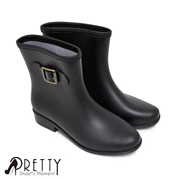 【Pretty】時尚霧面金屬扣環短筒雨靴EU36黑色