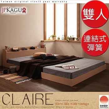 JP Kagu 台灣尺寸質樸附床頭櫃/插座貼地型低床組-連結式彈簧床墊雙人5尺(二色)橡木白