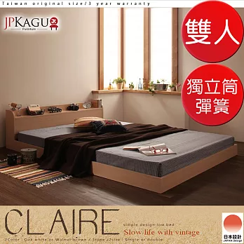 JP Kagu 台灣尺寸質樸附床頭櫃/插座貼地型低床組-獨立筒床墊雙人5尺(二色)橡木白