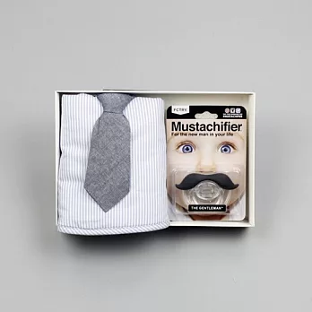 [美國Frenchie MC]Mustachifier 男嬰禮盒組 - 紳士寶寶2件組 (圍兜+奶嘴)灰領帶晴天藍圍兜