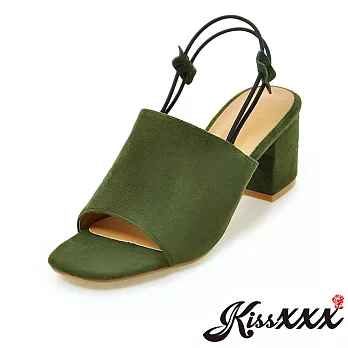 【KissXXX】美腿效果小方頭粗跟雙繩繫帶高跟涼鞋(預購)EU35綠
