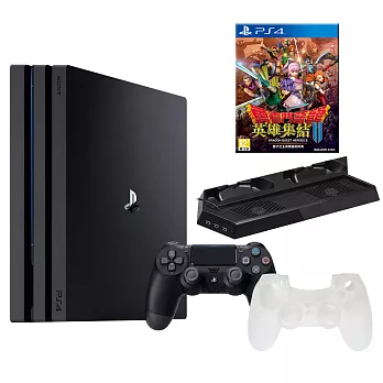 SONY PS4 Pro 7017 1TB-主機黑+勇者 英雄集結 II 中文+專用直立架含雙手把坐充及散熱風扇黑 KJHPS4PRO-03+手把果凍*1-白