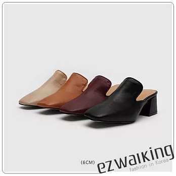 ezwalking{韓國女鞋}素面6cm粗跟後空便鞋/拖鞋-4色黑、咖、杏、酒紅