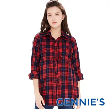 【Gennies專櫃】Gennies系列-經典格紋配色綁帶哺乳上衣S紅藍格
