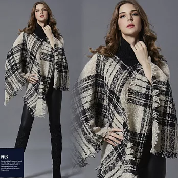 SCL T17156 格紋流蘇斗篷假兩件高領毛衣 F米白