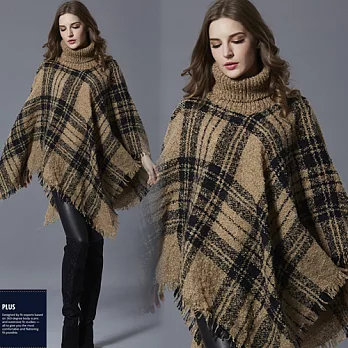 SCL T17156 格紋流蘇斗篷假兩件高領毛衣 F棕色