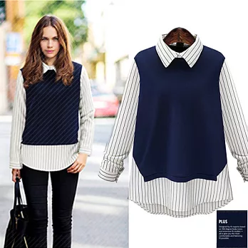 SCL T17165 假兩件後拉鍊直紋背心長袖襯衫S深藍