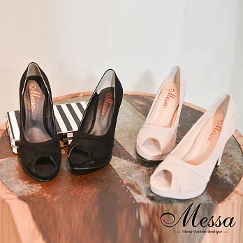 【Messa米莎專櫃女鞋】MIT優雅質感皺摺內真皮魚口高跟鞋-二色EU35黑色
