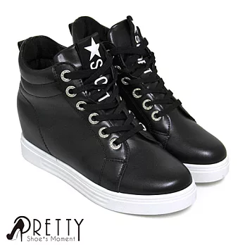 【Pretty】潮流星星水鑽綁帶內增高休閒鞋US3黑色