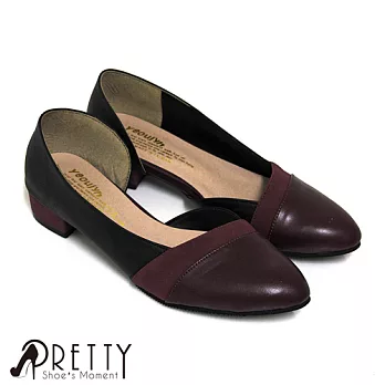 【Pretty】極簡拼接縷空尖頭低跟鞋JP22.5紅色