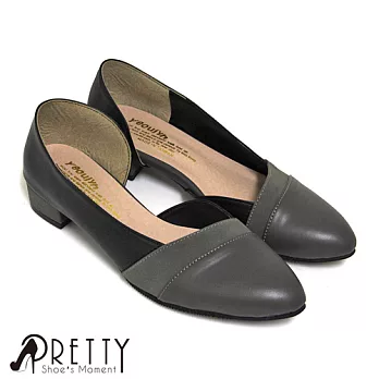 【Pretty】極簡拼接縷空尖頭低跟鞋JP22.5灰色