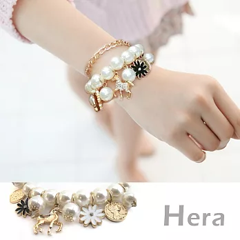 【Hera】赫拉 珍珠墜鑲鑽小馬雛菊雙層手鍊(氣質白)