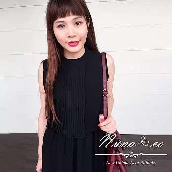 【NUNACO】韓版壓褶飄逸珍珠雪紡洋裝FREE黑色