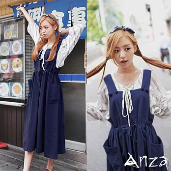 【AnZa】雜誌款棉麻吊帶長裙(3色)FREE寶藍
