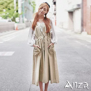【AnZa】雜誌款棉麻吊帶長裙(3色)FREE杏色