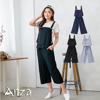 【AnZa】棉麻綁帶七分連身褲(3色) FREE黑色