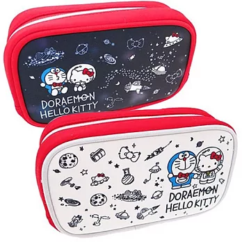 【日本進口正版】哆啦A夢 x Hello Kitty 聯名款 立體防震 化妝包/筆袋/收納包 -白色