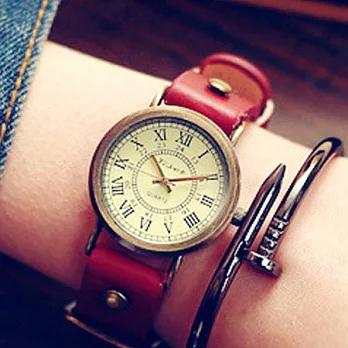 Watch-123 月光雲畫-復古羅馬數字英倫風皮革手錶 (3色任選)復古紅