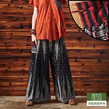 【潘克拉】單色羽毛編織腰寬口褲-F　FREE黑