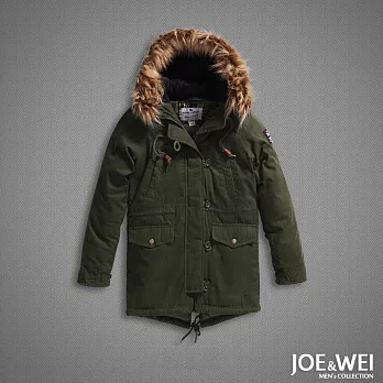 【JOE & WEI】毛帽羔羊毛長版鋪棉禦寒軍大衣(綠)-M-XL　L綠