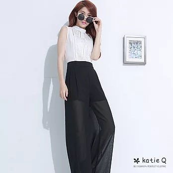 【KatieQ】鑲鑽珍珠高腰時尚連身褲-F　FREE黑