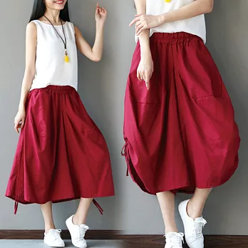 【NUMI】森-側邊抽繩燈籠闊腿褲裙-共3色-50848(F可選)F紅色