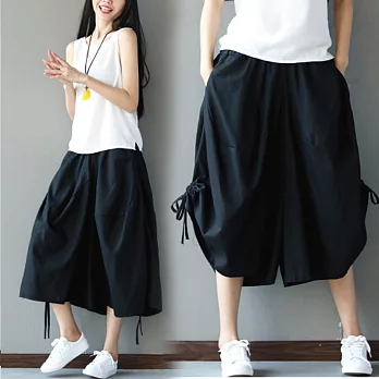 【NUMI】森-側邊抽繩燈籠闊腿褲裙-共3色-50848(F可選)F黑色