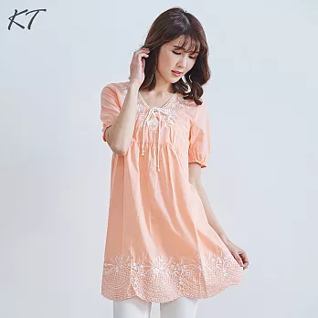 【KT】刺繡高腰造型棉上衣-F　FREE粉紅