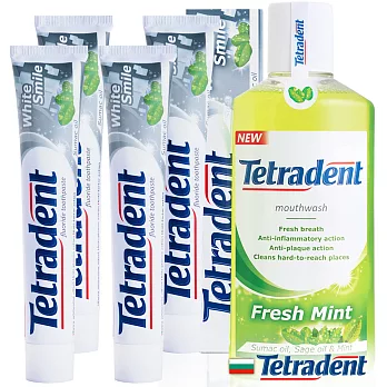歐洲原裝Tetradent美 白防護牙膏4支+清新漱口水1瓶超值5入組(效期至2019/10)