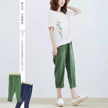 【慢。生活】高低口袋棉麻打摺褲-F　FREE綠