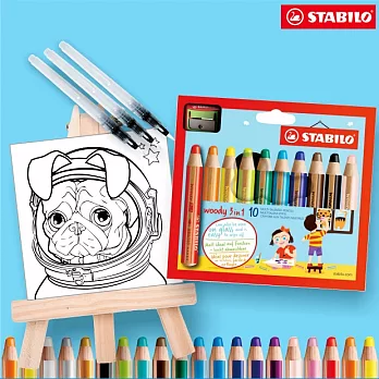 【獨家限量】STABILO woody 10色 3合1水性粉蠟筆+美術水筆+宇宙狗童趣畫布組 禮盒組