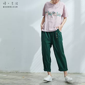 【慢。生活】側釦直筒棉麻褲-F　FREE綠