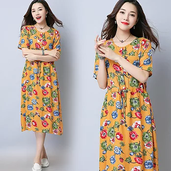 【NUMI】復古-滿版印花收腰連衣裙-共2色-90118(M-2XL可選)2XL黃色