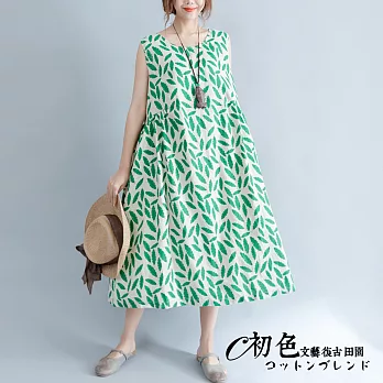 【初色】葉子印花無袖連衣裙-綠色-90126(L-XL可選)L綠色