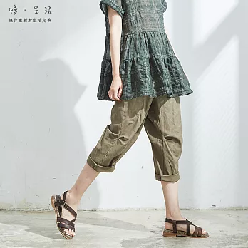 【慢。生活】打摺立體棉麻直筒褲-F　FREE綠
