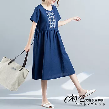 【初色】田園-民族風寬鬆繡花連衣裙-共2色-51148(M-2XL可選)L藍色