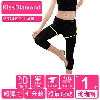 【KissDiamond】透氣排汗假2件7分運動褲(運動/瑜珈/跑步/ 4色 S-L 可選)S螢光綠
