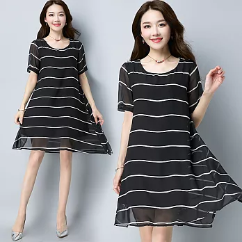 【NUMI】森-拼接雪紡條紋連衣裙-共2色-51246(M-2XL可選)M黑色