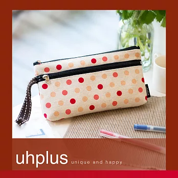 uhplus 雙層拉鍊筆袋-桃色點點