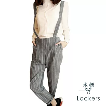 【Lockers 木櫃】寛鬆率性條紋九分背帶褲/吊帶褲(灰色)L