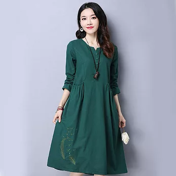 【De Myrex】精緻刺繡口袋素色長洋裝100650M墨綠