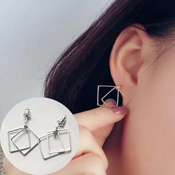 Kitch 奇趣設計 時尚設計 歐美雙層方形耳環/耳針(銀色)